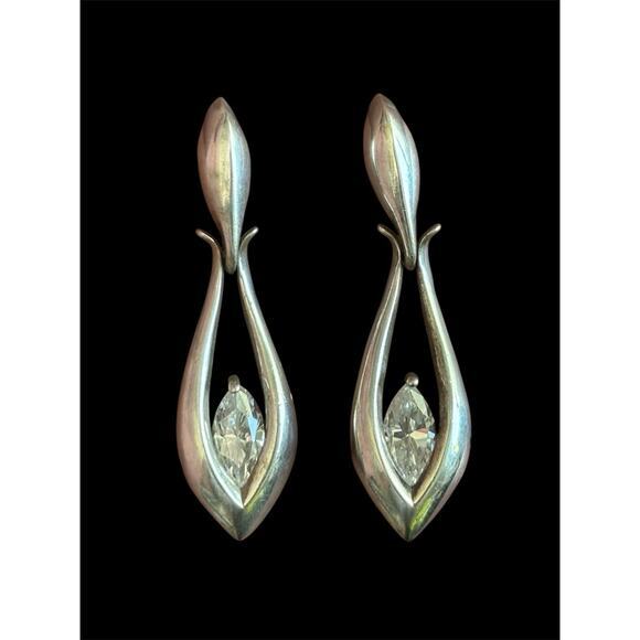 Sterling Silver White Topaz Modernist Dangle Drop Earrings 925 - Picture 1 of 5